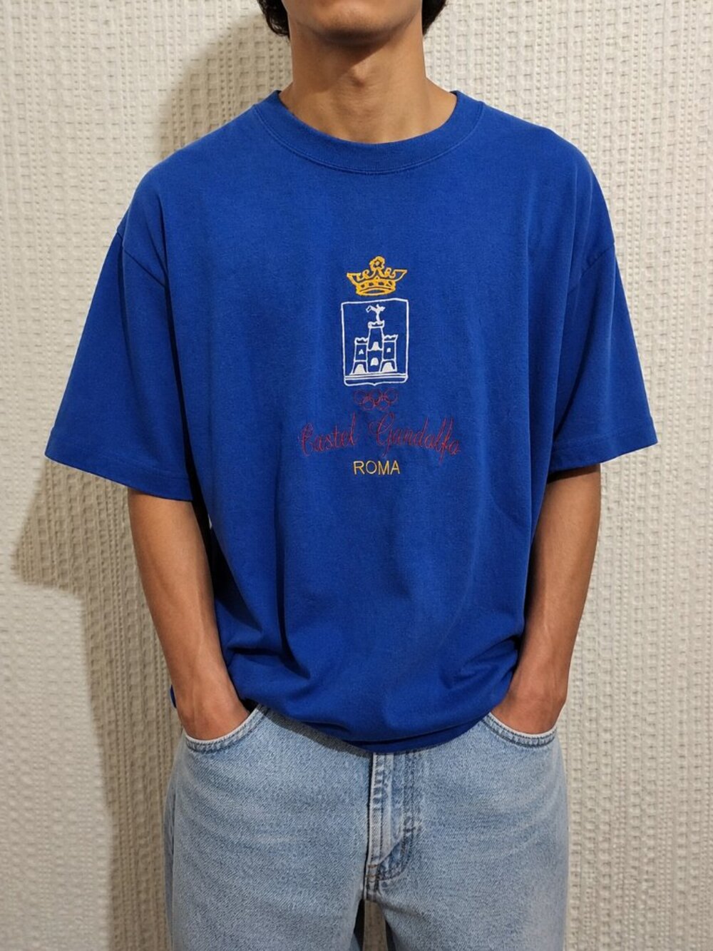 Vintage Roma Italy Embroidered T Shirt Blue Graphic Tee Olympic Style Large